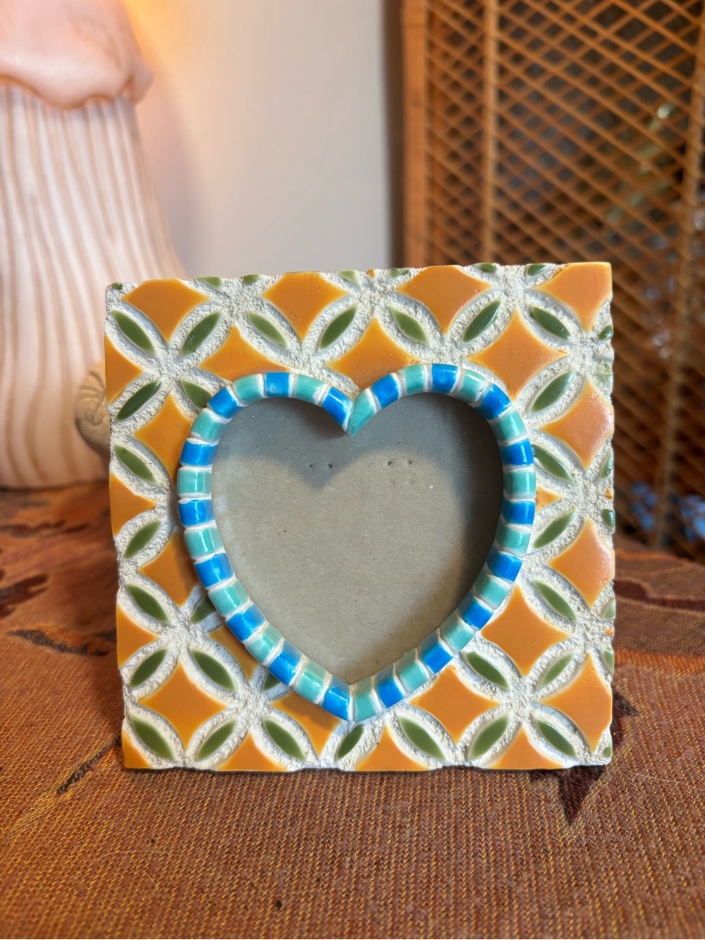 Handcrafted Orange Ceramic Heart Photo Frame with Blue Mosaic Trim 3” x 3”